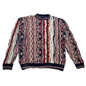 Old Glory 3D Knit Sweater Men's Large Coogi Style USA Red White Blue Vintage